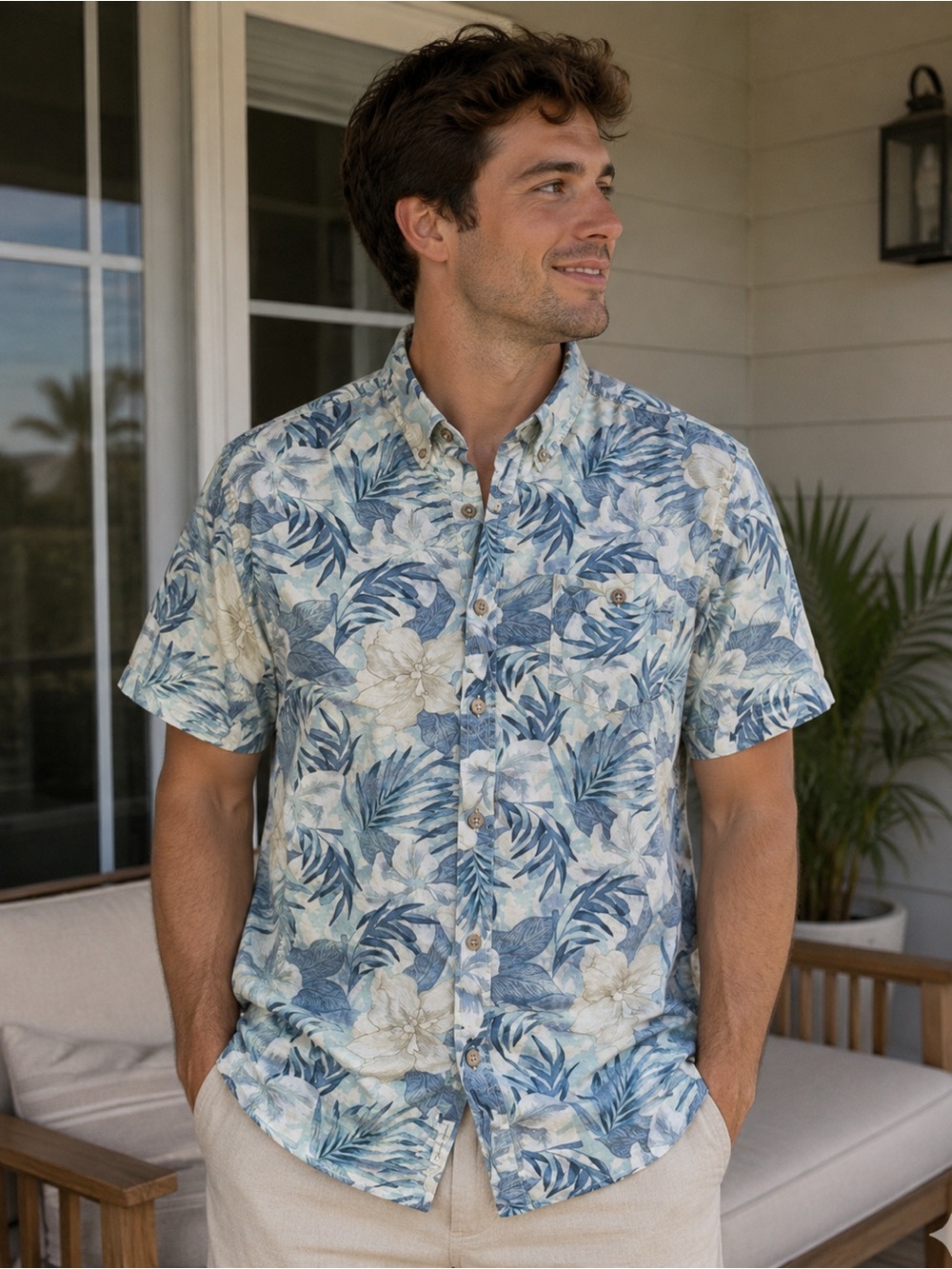 Weatherproof Blue and White Tropical Print Short-Sleeve Button-Down Shirt